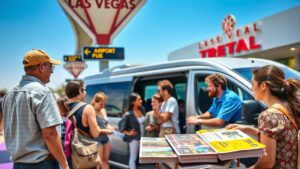 A group of people stands near a parked van outside a building with a "Las Vegas" sign, likely discussing van rentals. One person holds an open magazine with visible pages featuring text and images. A woman in a floral outfit is nearby, carrying pamphlets. The scene is sunny and busy.