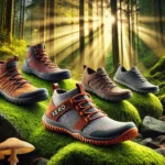 A variety of barefoot shoes are displayed in a forest setting with rays of sunlight streaming through the trees. The shoes are arranged on mossy ground, surrounded by mushrooms, creating a natural and serene ambiance that inspires common questions about their unique design and comfort.