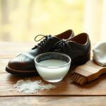 A polished pair of black dress shoes beside a small bowl of soapy water, a brush, and a cloth. Salt scattered around suggests a shoe cleaning process.