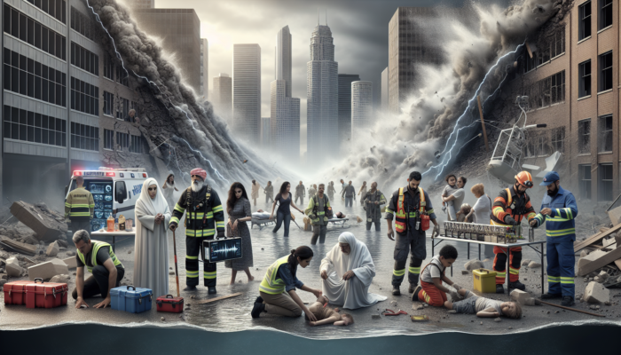 Scene depicting an urban disaster with individuals utilizing seismic sensors, flood barriers, and emergency kits during an earthquake and flood.