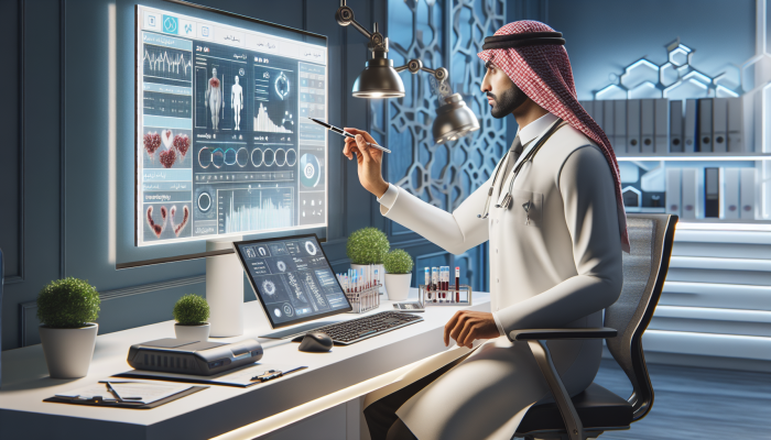 Doctor analyzing blood test results on screen for weight management in modern clinic.