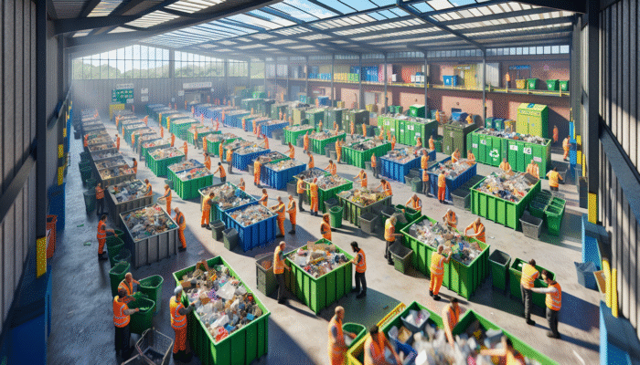 A UK recycling center featuring bins for paper, plastic, and glass, with workers and citizens actively sorting waste under a clear sky.