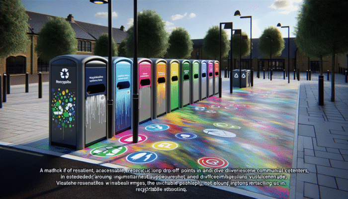 An array of vibrant recycling drop-off points in the UK designed for efficient plastic disposal.