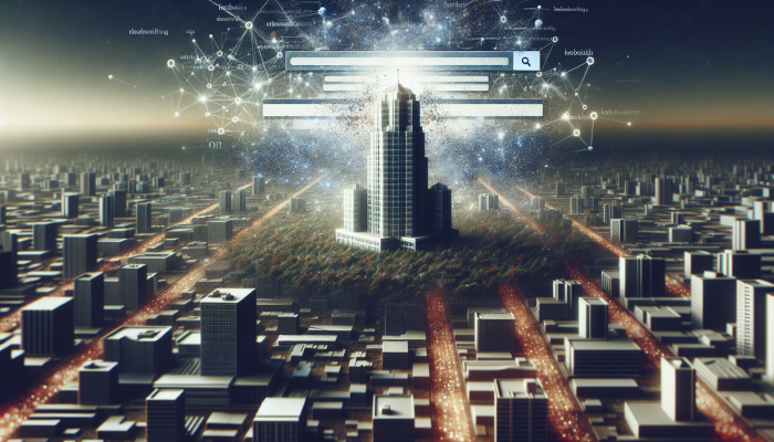 A skyscraper labeled "Brand Credibility" towers over smaller buildings, symbolising SEO authority and trust in search results.