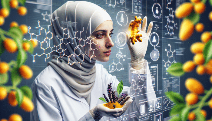 A scientist examines turmeric root and black pepper plant, with curcumin and piperine molecular diagrams in the background.