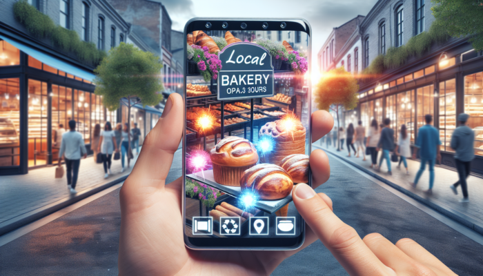 A local bakery's Google My Business profile on a smartphone, featuring delicious pastries, hours of operation, and customer reviews, set against a lively street backdrop.