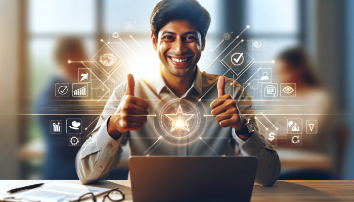 A local business owner smiling while engaging with customers online, surrounded by positive feedback and a reputation icon signifying trust.