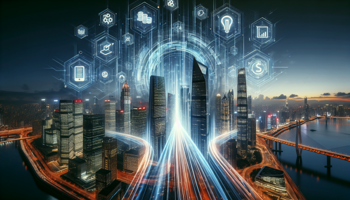 Debt Consolidation Loans from Fintech Companies: A Comprehensive Guide | DCL A futuristic cityscape featuring fintech logos on skyscrapers, with data streams symbolizing efficient debt consolidation.
