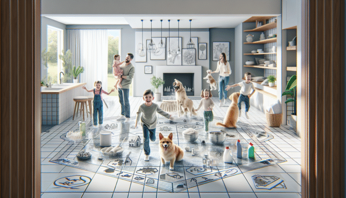 Children and pets safely playing on tiles cleaned with eco-friendly products, with natural cleaning ingredients visible nearby.