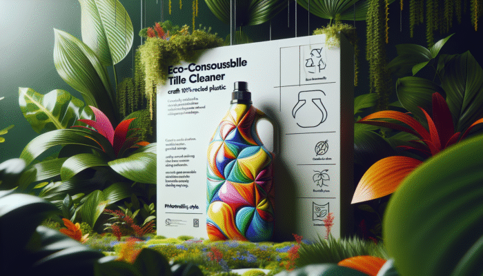 Stylish eco-friendly tile cleaner bottle featuring plant-based ingredients in recycled plastic packaging, set against lush greenery.