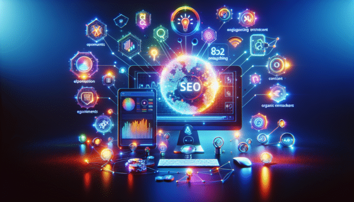 A glowing digital marketing agency website with SEO elements, attracting organic traffic and ranking high.