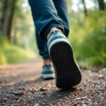 A close-up view of a person walking on a gravel path in a forest, showcasing the sole of one shoe and the lower part of their pants. The surroundings are lush and slightly out of focus.