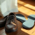 Brown leather shoes with black soles on a wooden floor illuminated by sunlight. Next to the shoes are a pair of blue insoles, positioned outside the shoes. A white curtain is partially visible in the background.