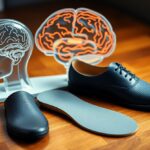A pair of black dress shoes with removable insoles placed on a wooden floor, accompanied by transparent anatomical models of a human brain and head in the background.