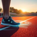 Close-up of a person wearing the black Xero XB+ SmartShoe, incorporating digital elements on a track. The shoe displays glowing icons and the brand name "Xero." In the background, a group runs, with a digital clock showing 14:06—ideal for sensor-driven running form optimization unveiled at CES 2025.