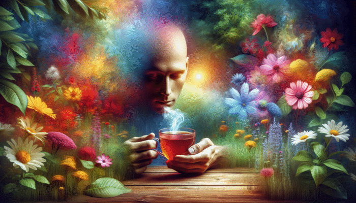 A serene person enjoying herbal tea amidst lush greenery and colorful flowers, glowing with tranquility.
