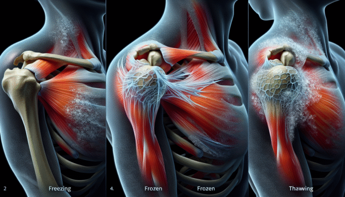 Acupuncture for Frozen Shoulder: Illustration of a shoulder joint with adhesive capsulitis, showing freezing, frozen, and thawing phases.