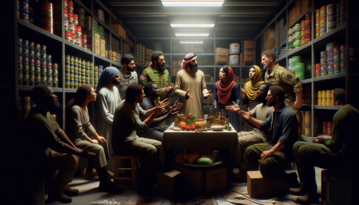 Tense prepper community meeting in a dimly lit bunker, arguing over resource distribution amidst survival gear.