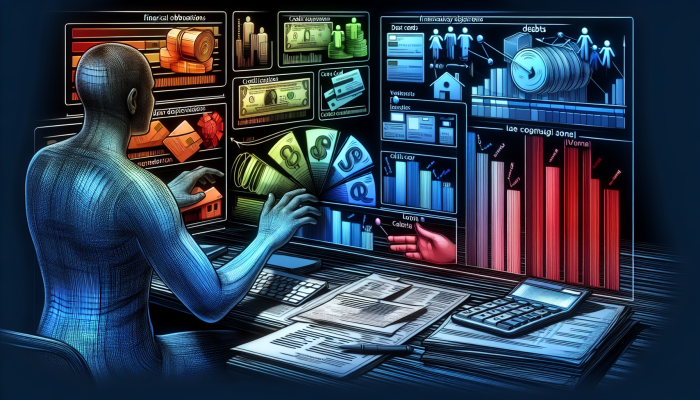 A person in the UK reviewing a financial spreadsheet with debts highlighted in various colors, surrounded by credit cards, loan documents, and a calculator.