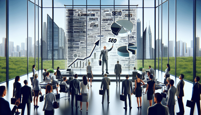 SEO is Alive: A digital marketing agency office filled with professionals discussing algorithm updates and SEO strategies.