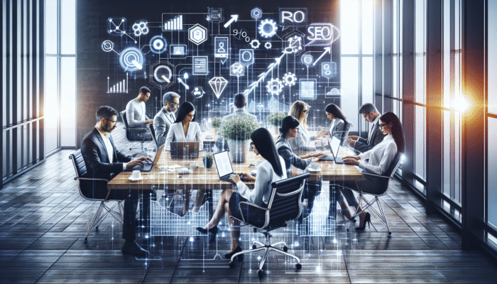 Entrepreneurs and SMEs utilizing SEO strategies in a modern office, witnessing a rise in website rankings.