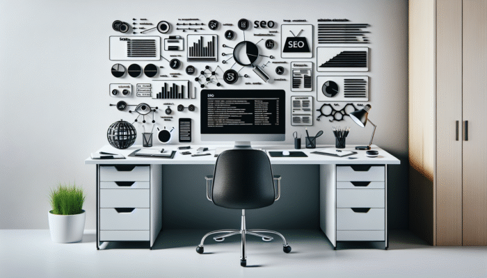 A minimalist workspace showcasing SEO analytics, tools like Yoast and Google Keyword Planner, with a focus on content creation and link building.