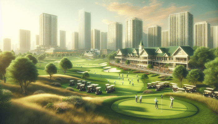 Busy golf course with players, vibrant clubhouse, and calendar showing peak season dates, emphasizing booking urgency.