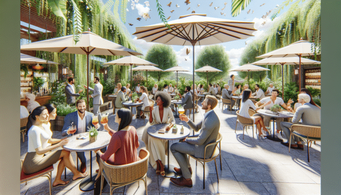 Guests enjoying cocktails at the Patio Bar under umbrellas, surrounded by greenery and engaging in lively conversations.