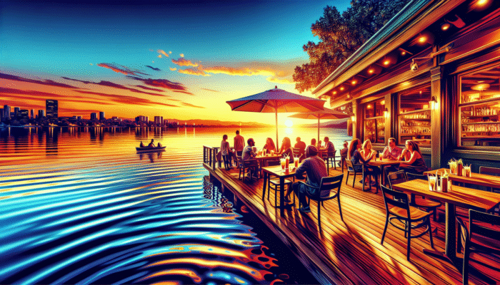 Guests enjoying cocktails on a serene waterfront terrace at sunset, with rippling water and panoramic views at Lakeside Tavern.