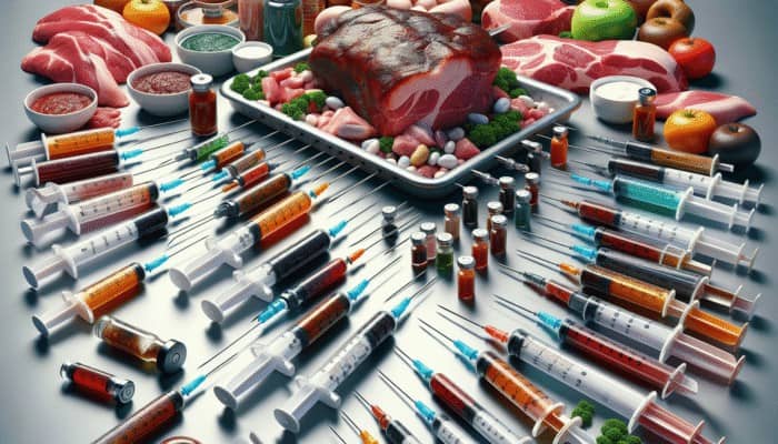 Detailed view of BBQ marinade injectors, showcasing syringe and multi-needle types alongside rich marinades and large cuts of meat.
