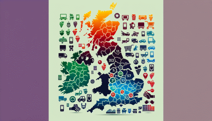 A detailed UK map illustrating regional pricing variations with color gradients and product category icons.