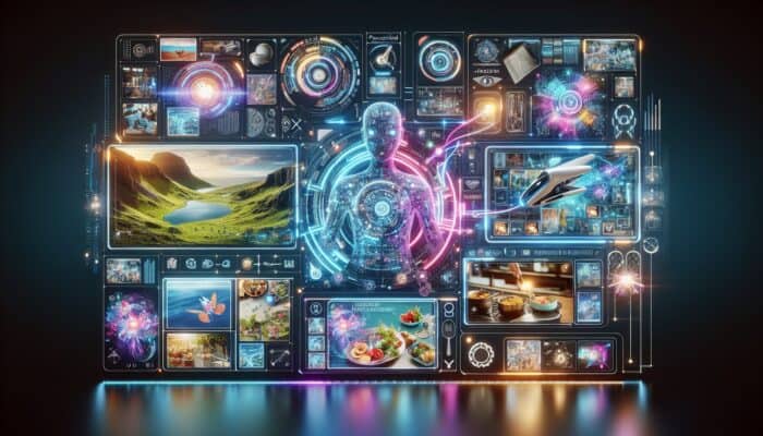 Exploring the Use of AI Chatbots to Enhance Interactive Video Experiences: A futuristic interface showcasing personalized videos enhanced by AI chatbots in travel and cooking shows.
