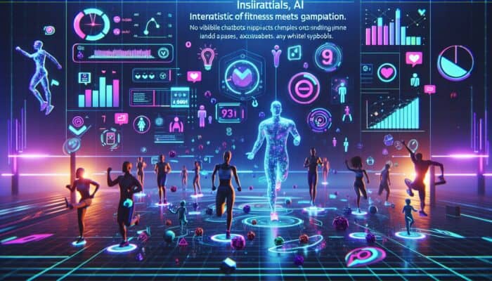 A futuristic fitness video interface showcasing points, badges, leaderboards, animated avatars, and AI chatbots within a vibrant digital environment.