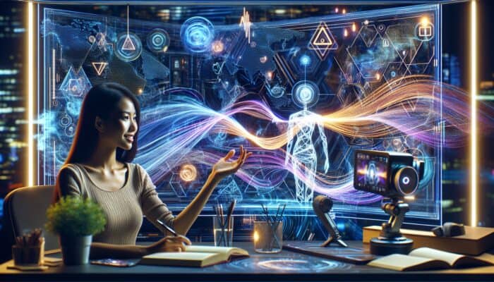 An AI chatbot on screen generating scripts for a travel vlogger in a futuristic studio surrounded by maps and equipment.