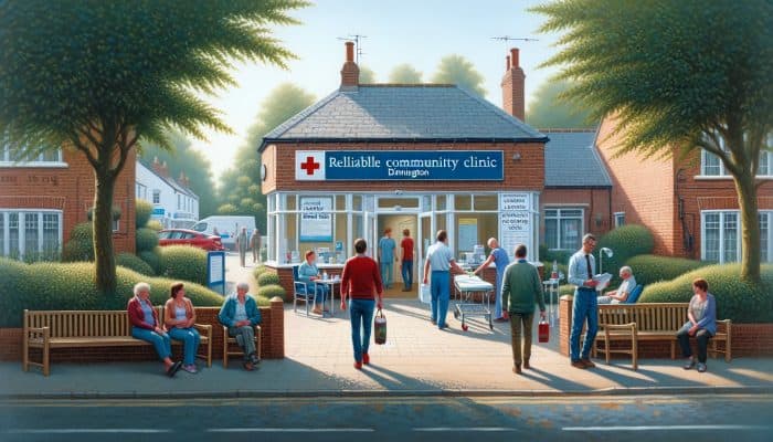 A serene Dinnington scene with patients confidently entering a trusted clinic for liver tests, symbolizing community trust in healthcare.