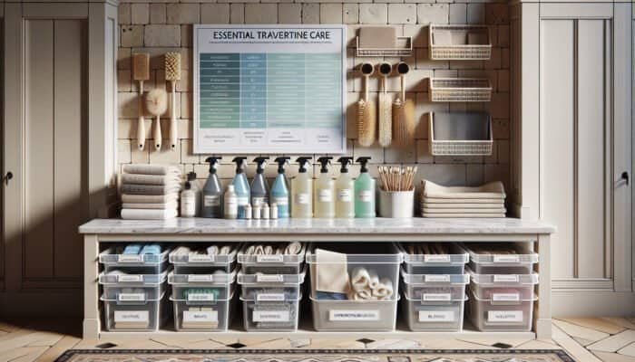 Organized cleaning station in a UK home showcasing travertine care essentials like cleaners, brushes, and cloths on a travertine floor.