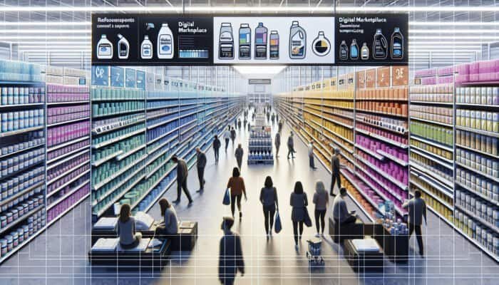Aisle in a UK hardware store displaying travertine cleaning products, featuring B&Q, Wickes signs, and online listings shown on a screen.