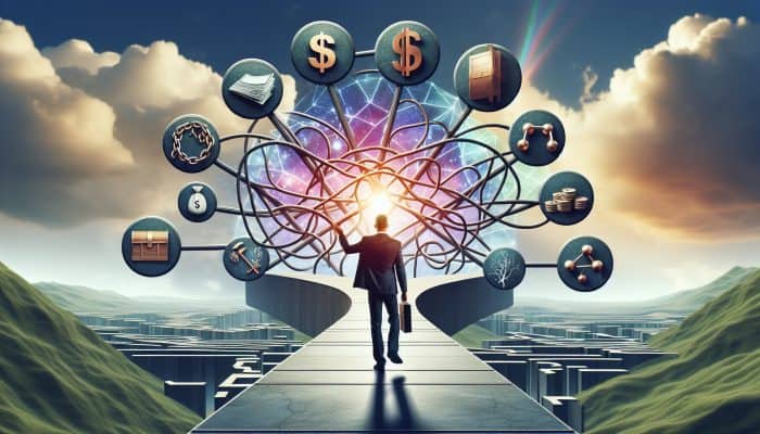Key Terms You Need to Understand in Debt Consolidation: A Beginner's Guide | DCL A person confidently navigating a clear path through a complex financial landscape with labeled signposts under a bright sky.