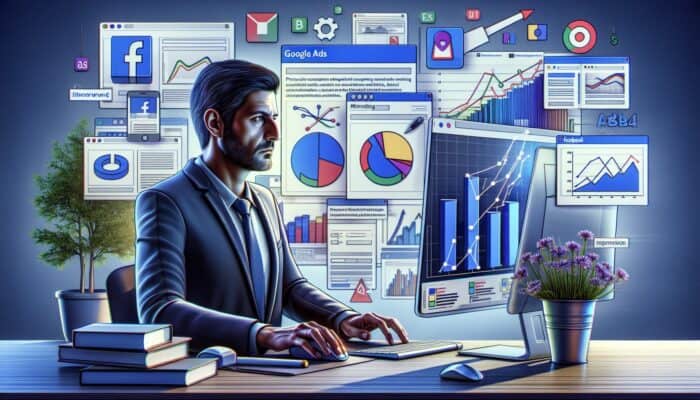 Marketer setting up A/B test on computer, focusing on Google Ads and Facebook Ads interfaces with result graphs.