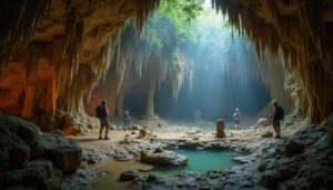 Four adventurers with backpacks stand amidst the stunning interior of ATM Cave Belize, surrounded by majestic stalactites, unique rock formations, and a small pool of water. Sunlight streams through an opening above, illuminating the center like a true Adventure Guide’s dream.