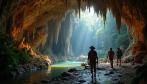 Three adventurers equipped with backpacks and hats navigate through the magnificent ATM Cave Belize, beside a shallow stream. Sunlight pours in from the entrance, illuminating the rocky walls and vibrant green surroundings—an adventure guide leads them past ancient stalactites.