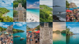 A captivating collage of 12 images showcasing beaches, ancient stone structures, green landscapes, ocean vistas, lively festivals with market stalls, boats on water, and individuals on sandy shores under sunny and cloudy skies—ideal for a Belize travel guide.