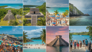 A collage of eight images depicting ancient Mayan ruins, packed beaches, clear turquoise waters, a vibrant marketplace with colorful umbrellas, travelers, and tropical vistas under Belize's sunny and partly cloudy skies.