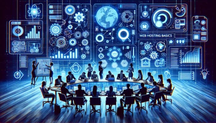 A digital workspace with screens displaying keyword research tools and charts, along with a team brainstorming content cluster topics.