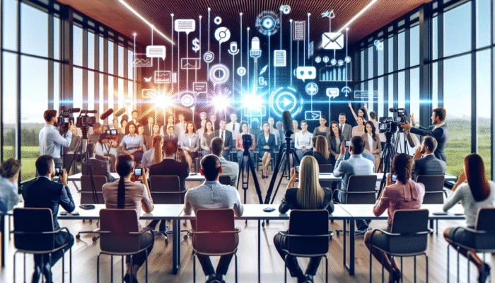 A diverse group of clients providing glowing testimonials in a modern office setting with advanced digital recording equipment.