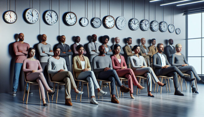 A diverse group waiting in an office with permit applications, clocks indicating different times.