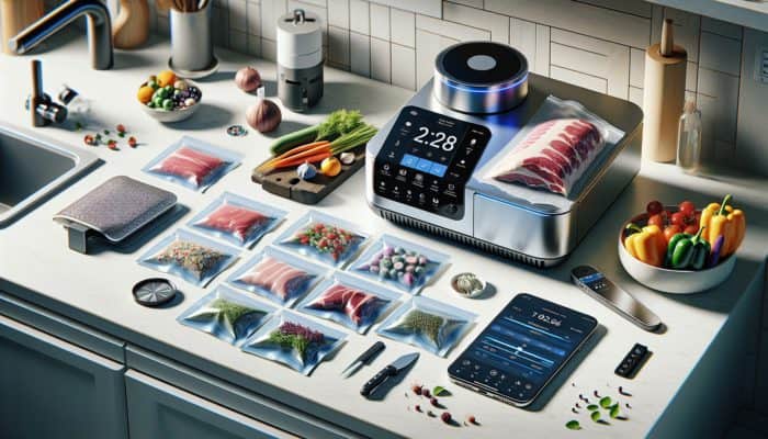 Essential sous vide equipment including a precision cooker, vacuum-sealed bags, digital thermometer, and smartphone app displayed on a kitchen countertop.