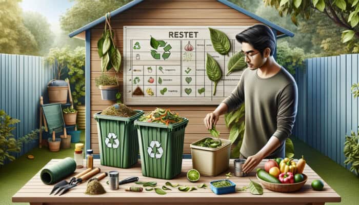 A homeowner diligently sorting green waste into bins for recycling and composting in a backyard, accompanied by tools and a checklist.