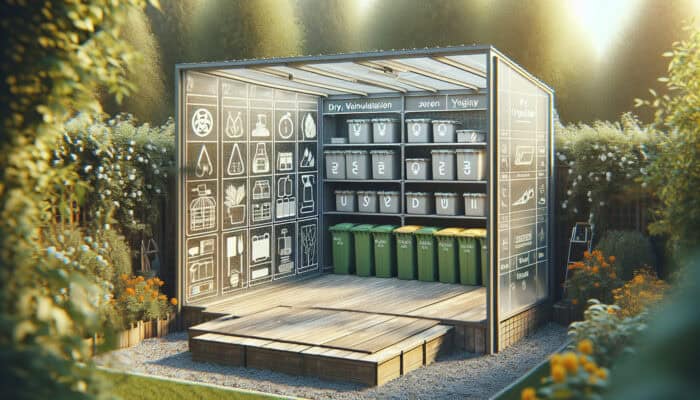 A well-organized garden storage area featuring dry, ventilated containers with secure lids for green waste.