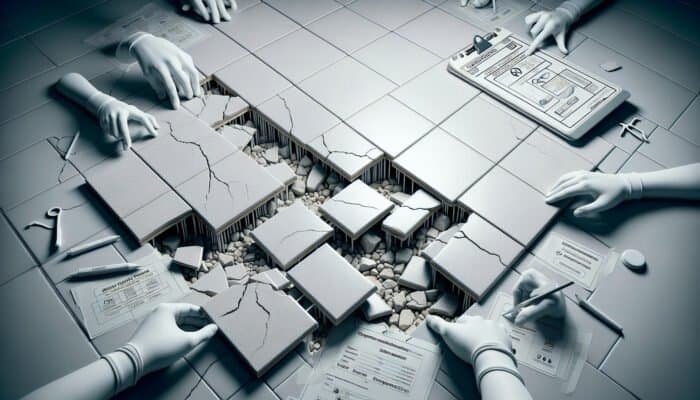 Damaged and uneven porcelain tile floor due to improper installation.